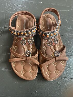 Brown Beaded T-Strap Slingback Sandals